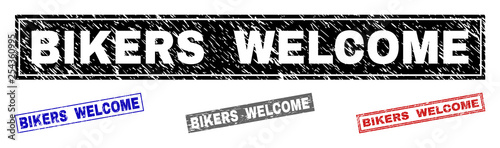 Grunge BIKERS WELCOME rectangle stamp seals isolated on a white background. Rectangular seals with distress texture in red, blue, black and gray colors.