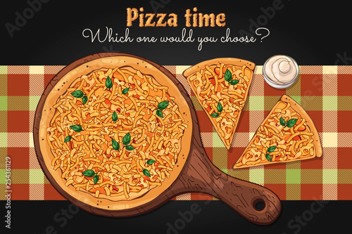 Vector. Fast food theme: pizza on a board.
