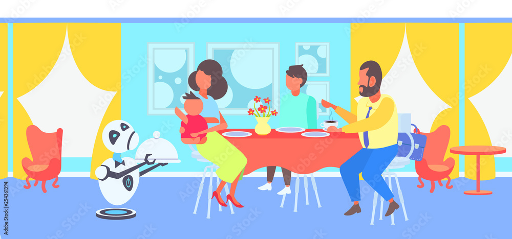 robot waiter serving food to visitors family sitting at restaurant table artificial intelligence concept modern cafe interior horizontal flat full length robot waiter serving food to visitors family sitting at restaurant table artificial intelligence concept modern cafe interior horizontal flat full length