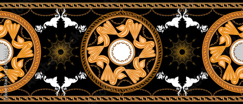 Horizontal seamless with Golden baroque and round ornament elements black color. Bird symbol. Vector illustration.