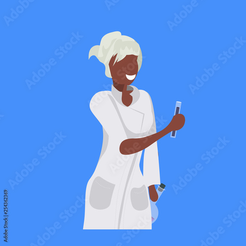 female scientist holding test tubes woman laboratory technician in white uniform african american medical worker professional occupation concept blue background flat portrait