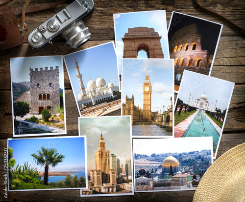 Old retro pictures and camera on wooden table globetrotter photography travel collage concept
