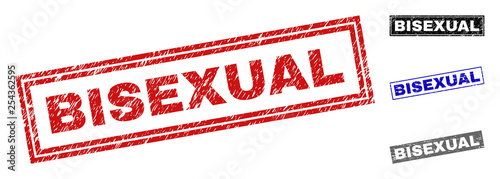 Grunge BISEXUAL rectangle stamp seals isolated on a white background. Rectangular seals with distress texture in red, blue, black and gray colors.
