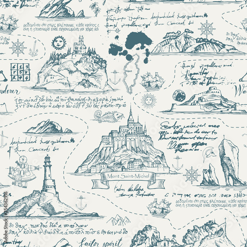 Vector abstract seamless background on the theme of travel, adventure and discovery. Old manuscript with islands, lighthouses, sailboats and nautical symbols with ink blots and stains in vintage style
