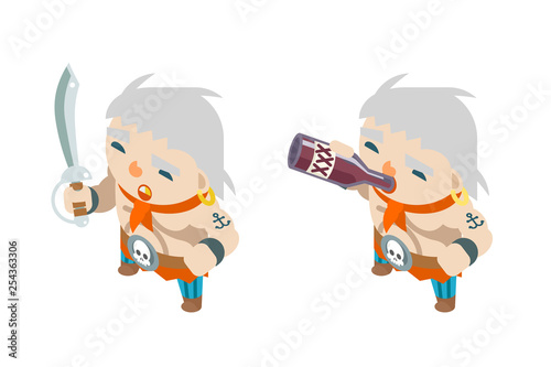 fighter rum drunkard corsair pirate ship buccaneer filibuster sea dog sailor fantasy RPG treasure game isometric character flat design vector illustration
