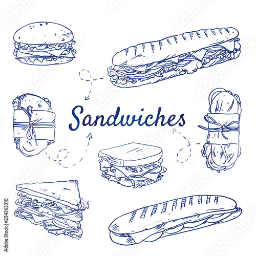 DrucDoodle set of Sandwiches - food, toast, bread, breakfast, cheese, ham, onion, tomato, toast, lunch, tasty, salad, snack,  hand-drawn. Vector sketch illustration isolated over white background.k