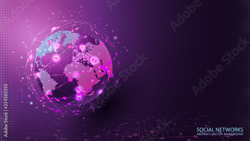 Global social network. Internet and technology. Virtual reality and modern science. Violet futuristic background with planet Earth. Abstract image of dots and lines. Future. Vector. Place for text.