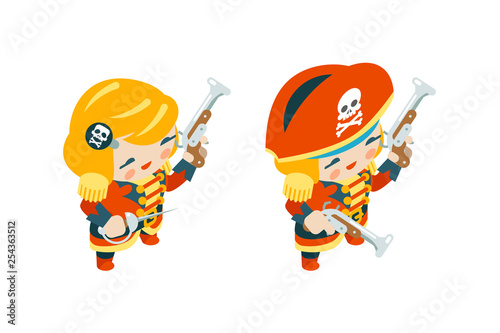 Woman corsair pirate ship capitan girl buccaneer filibuster female sea dog sailor fantasy RPG treasure game isometric character flat design vector illustration