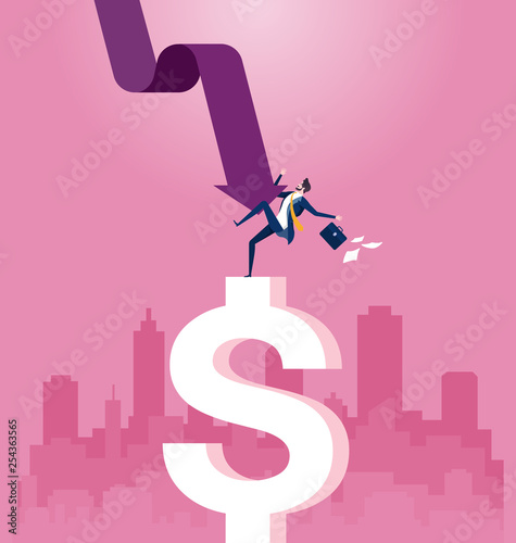 Bankrupt. Businessman falling off a cliff, pushed by downward arrow