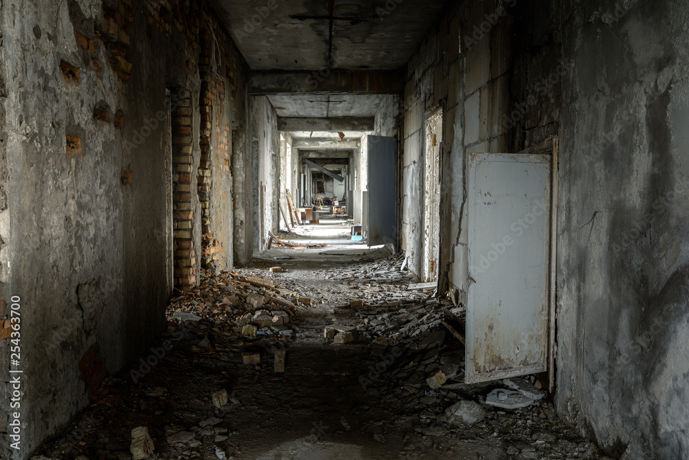 Abandoned hallway of Pripyat Hospital, Chernobyl Excusion zone 2019 Abandoned hallway of Pripyat Hospital, Chernobyl Excusion zone 2019