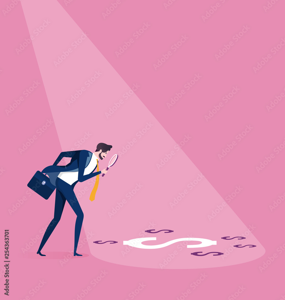 Fototapeta premium Businessman with magnifying glass looking for dollar symbols