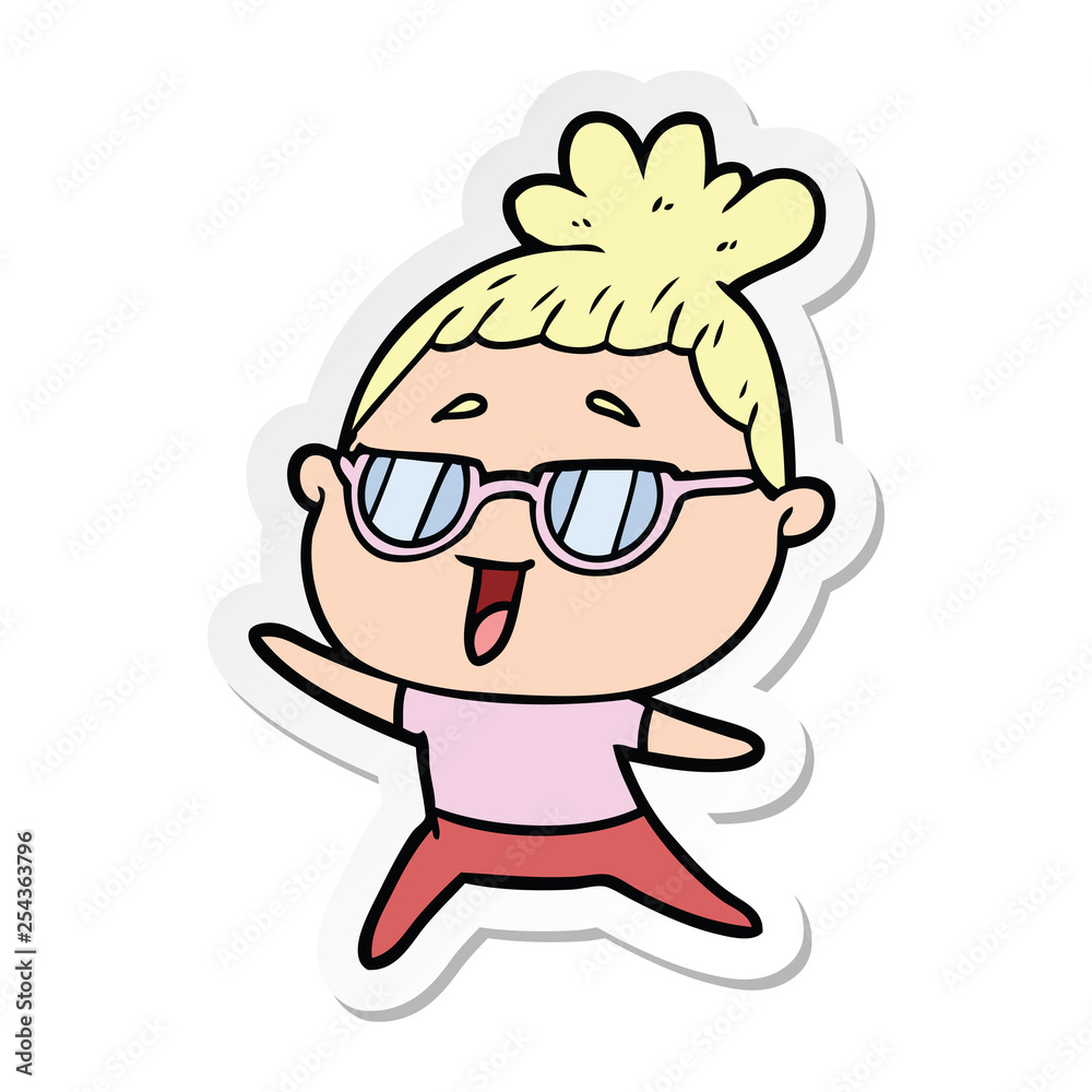 sticker of a cartoon happy woman wearing spectacles