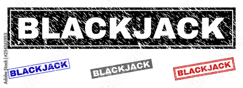 Grunge BLACKJACK rectangle stamp seals isolated on a white background. Rectangular seals with distress texture in red, blue, black and grey colors.