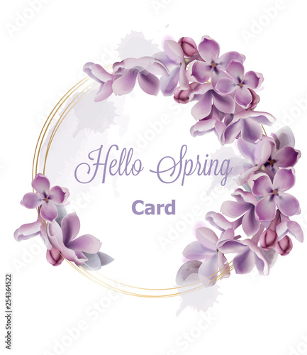Purple lilac flowers wreath card Vector watercolor. Romantic floral wedding o...