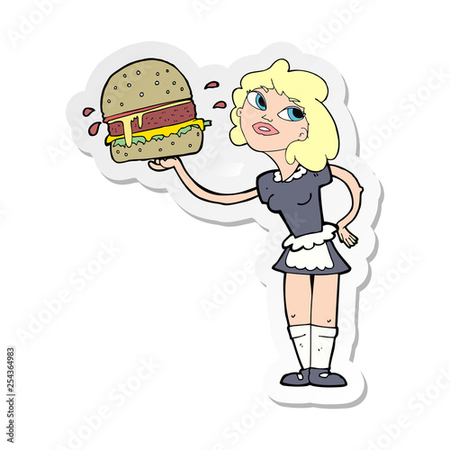 sticker of a cartoon waitress serving burger