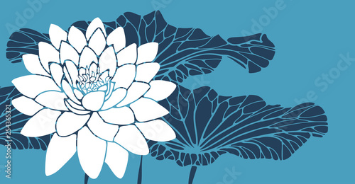 lotus flower with leaves card in blue white shades