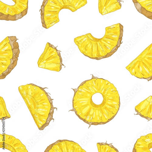 Natural seamless pattern with juicy pineapple pieces and slices on white background