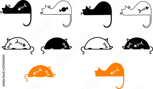 Cute Kitties sleeping with fish and candy in their bellies. Set of simple line icons.