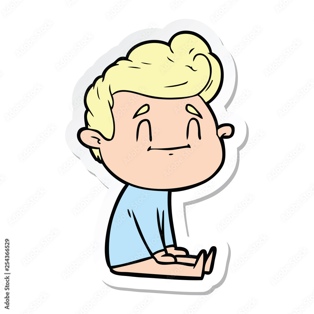 sticker of a happy cartoon man sitting on floor