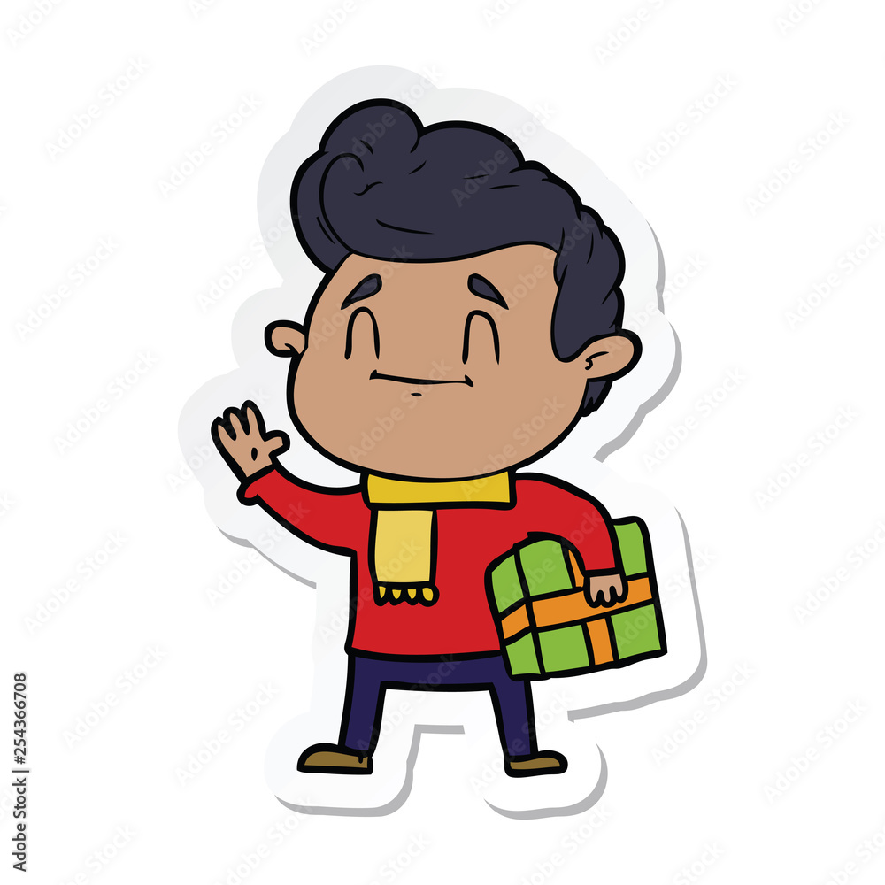 sticker of a happy cartoon man with gift