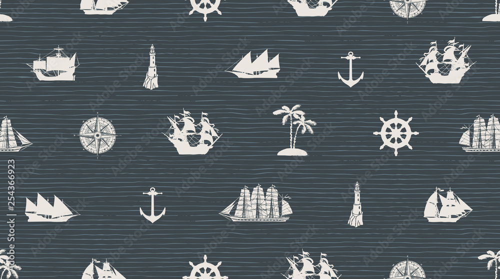 Fototapeta premium Vector seamless background on the theme of sea travel with different sailing ships, compass, anchor, steering wheel and others. Cute sea objects on the dark striped background in retro style