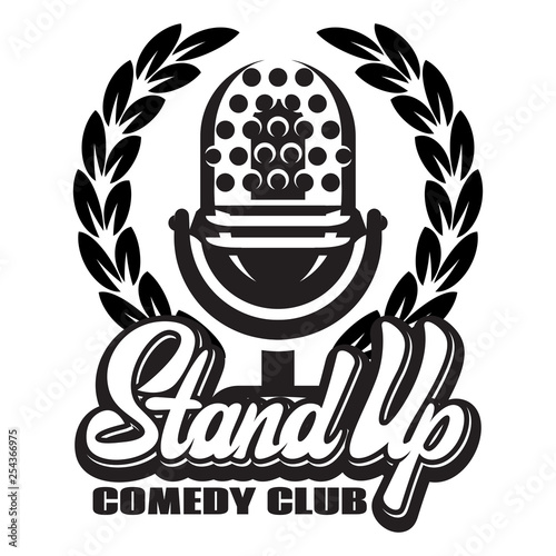 Monochrome vector illustration with microphone and wreath for stand-up