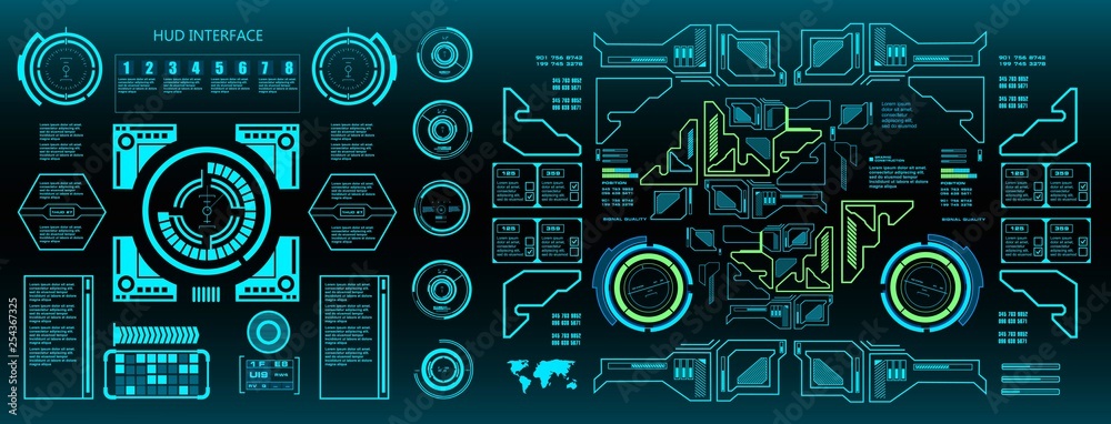 HUD elements mega set pack. Dashboard green display virtual reality technology screen. HUD elements mega set pack. Dashboard green display virtual reality technology screen.