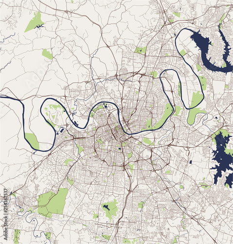 map of the city of Nashville, Tennessee, USA
