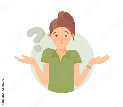 Cartoon pretty girl doubts, thinks why. Woman with question mark. Vector illustration.