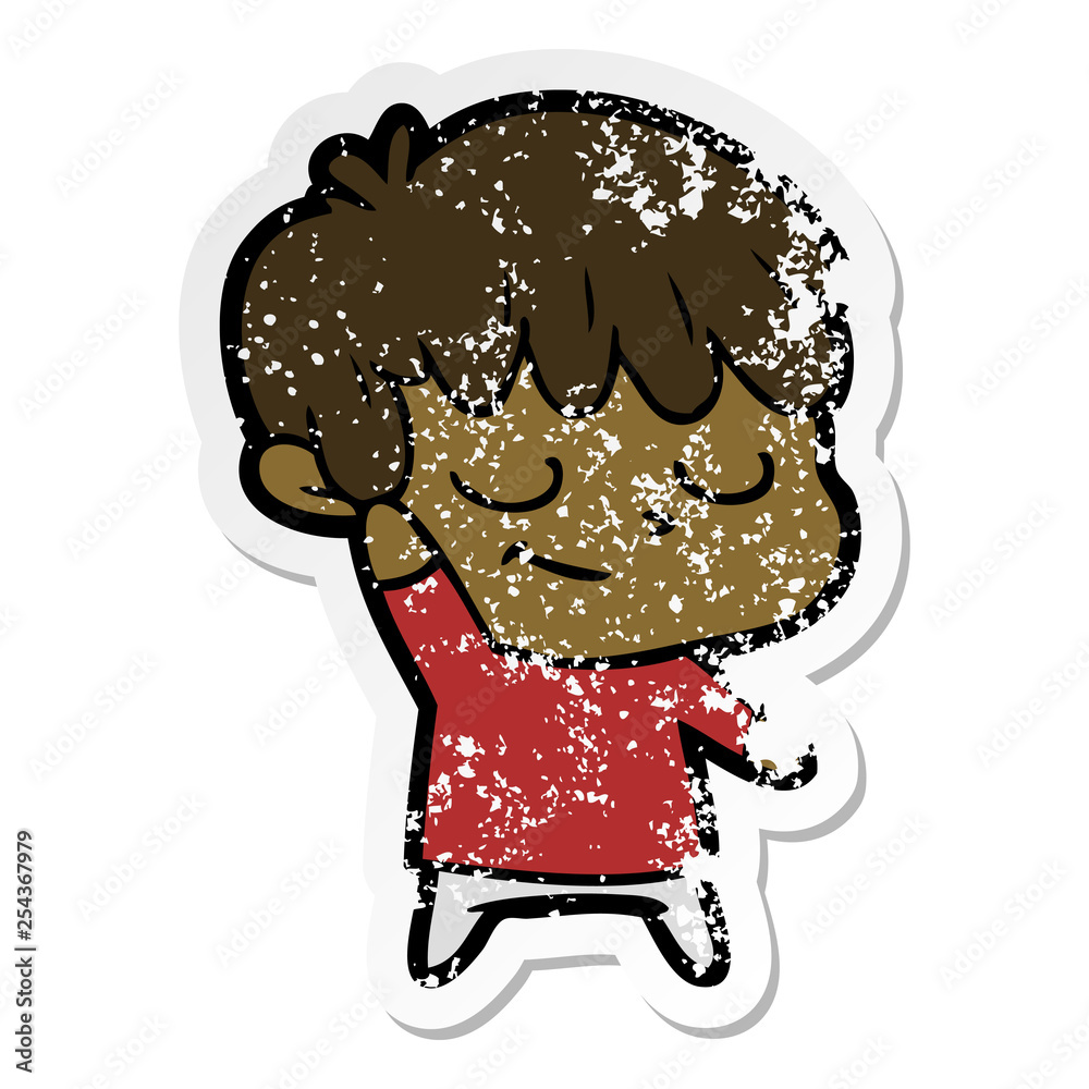 distressed sticker of a happy cartoon boy distressed sticker of a happy cartoon boy
