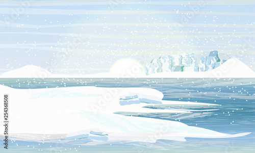 Day in the Arctic or Antarctic. Shore in the snowy mountains and snowdrifts. Glacier on the other side of the sea. Realistic Vector Landscape