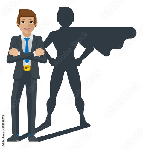 A super business man hero cartoon mascot whose shadow silhouette looks like a superhero businessman in a cape