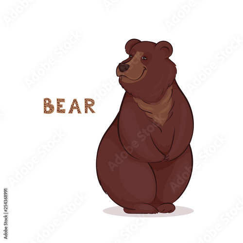 Vector illustration, a cartoon brown smiling bear, isolated on a white background