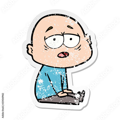 distressed sticker of a cartoon tired bald man