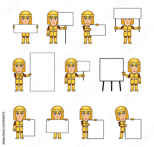 Set of golden knight characters posing with various blank banners. Cheerful knight holding paper, poster, placard, pointing to whiteboard. Teach, advertise. Simple vector illustration