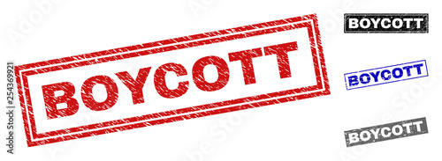 Grunge BOYCOTT rectangle stamp seals isolated on a white background. Rectangular seals with distress texture in red, blue, black and grey colors.