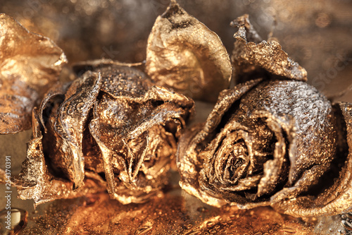 Abstract macro fine-art background with golden roses and water drops. Symbol of love  wealth  rich.