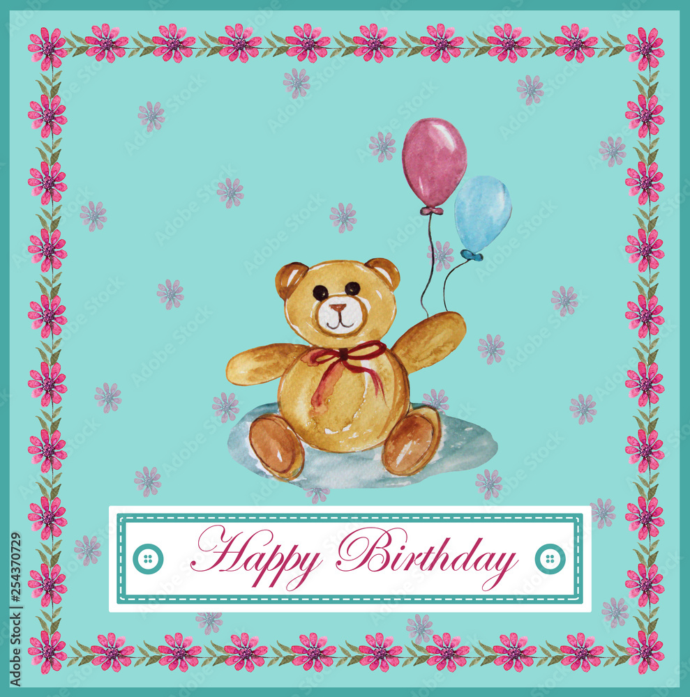 Cute little teddy bear happy birthday greeting card design template Stock  Illustration | Adobe Stock