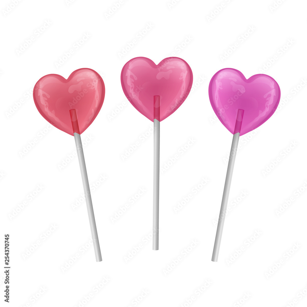 Set colorful sweet lollipops. candies of shape of hearts on stick. Vector illustration.