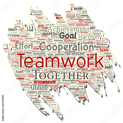 Vector conceptual teamwork management old torn paper red partnership idea, success goal word cloud isolated background. Collage of business strategy, group cooperation solution or team concept