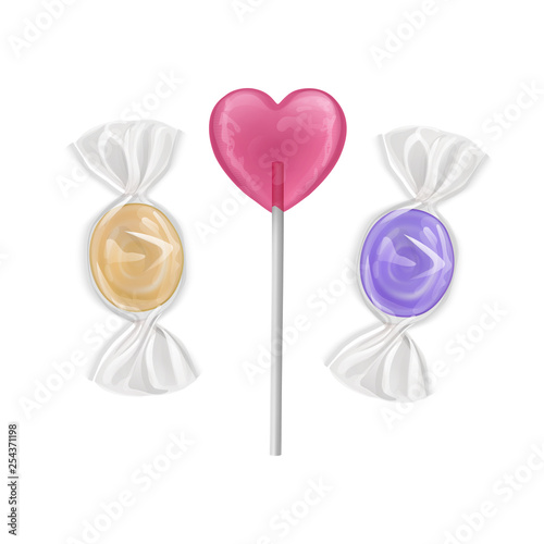 Set colorful sweet lollipops. candies of shape of hearts on stick and caramels, isolated on White background, Vector illustration.