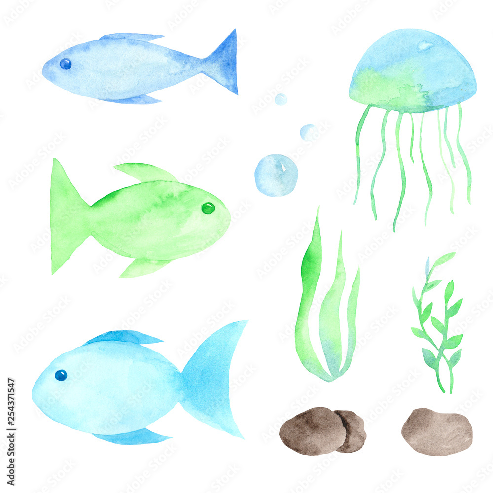 Naklejka premium watercolor set of blue, green fish, jellyfish, stones, algae on a white background
