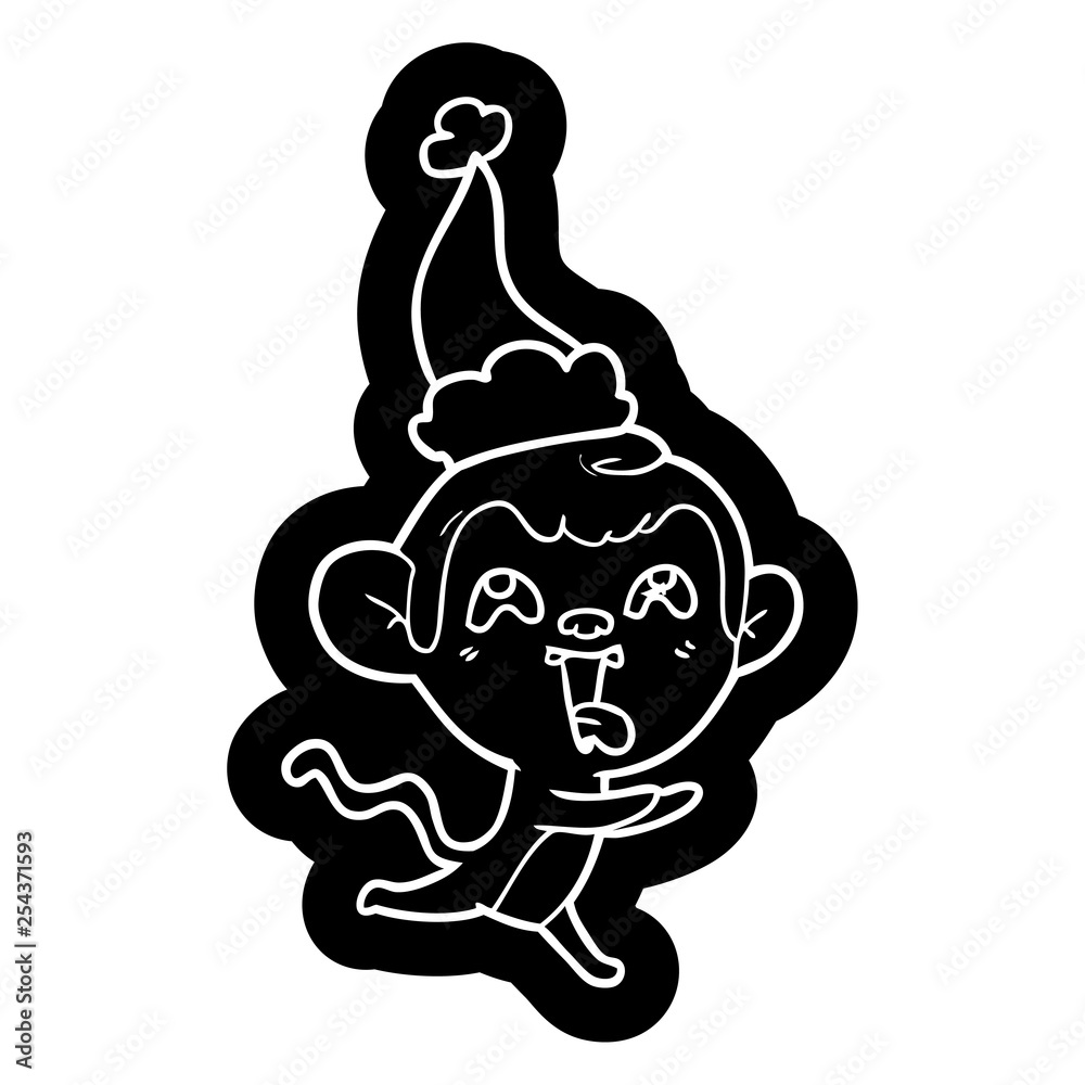 crazy cartoon icon of a monkey running wearing santa hat