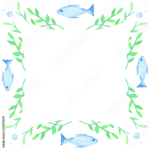  watercolor pattern of blue, green fish, jellyfish, stones, algae on a white background photo