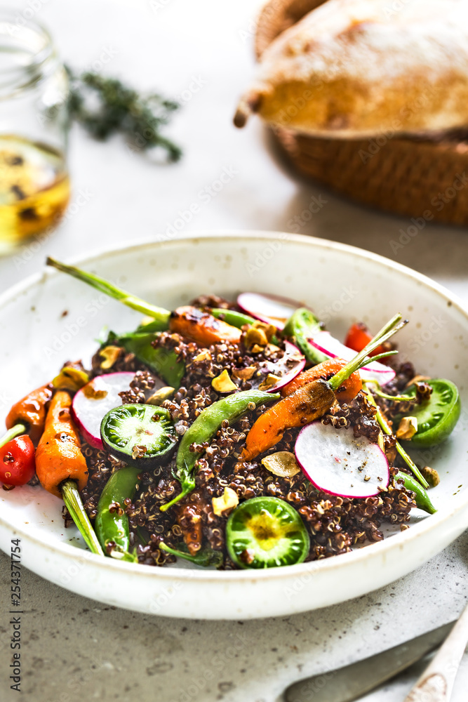Quinoa with Grilled Baby Carrot ,Snap Pea and Radish salad