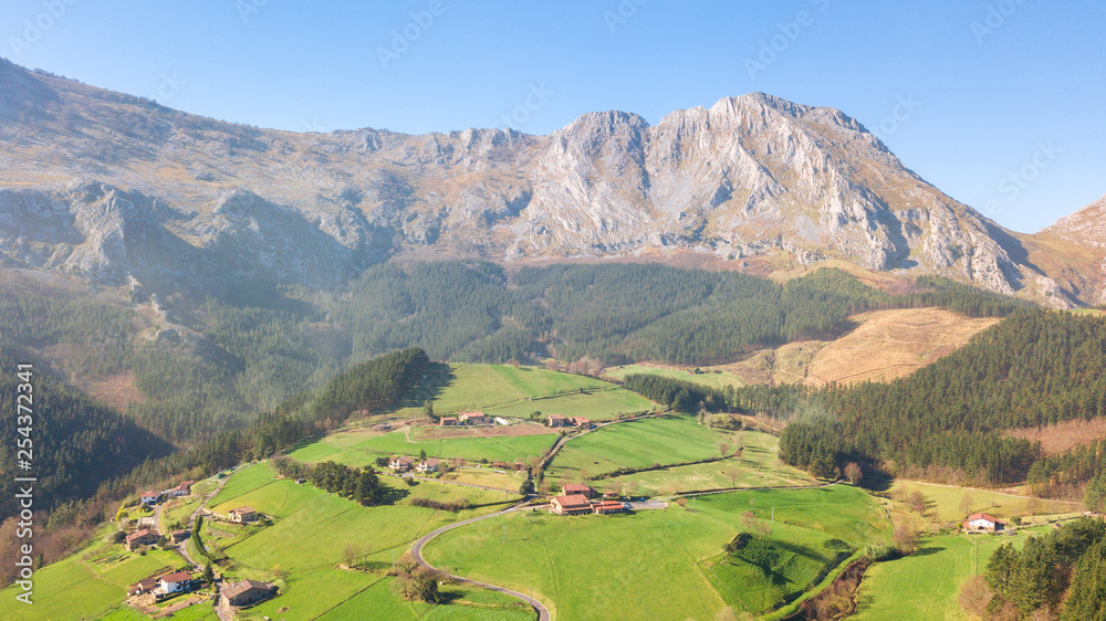 aerial view of countryside village in basque country