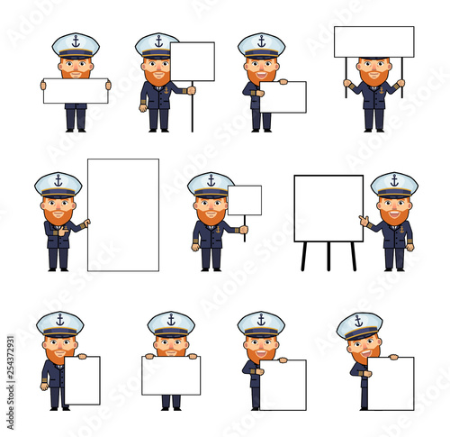 Set of old navy captain characters posing with various blank banners. Funny skipper holding paper, poster, placard, pointing to whiteboard. Teach, advertise. Simple vector illustration