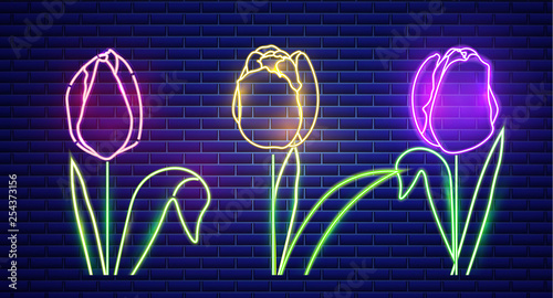Tulip flowers neon light Vector. Vintage board. Glowing bouquet. Shiny Neon L...