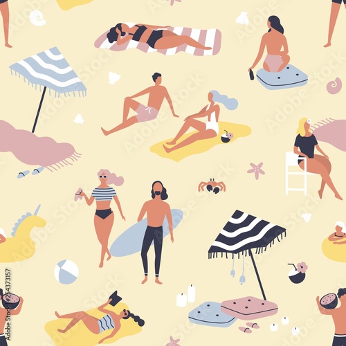 Seamless pattern with people relaxing on sand beach and sunbathing. Backdrop with men and women on vacation at seashore or summer resort. Flat vector illustration for wrapping paper, wallpaper.