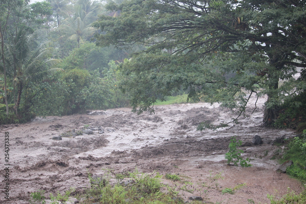 Fototapeta premium brown flood water from the summit of Mount Semeru , Bromo Tengger Semeru Park, Indonesia